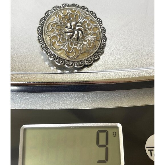 West Germany Filigree Scarf Collar Clip Ring Silver Tone Mother of Pearl Vintage - Picture 5 of 8